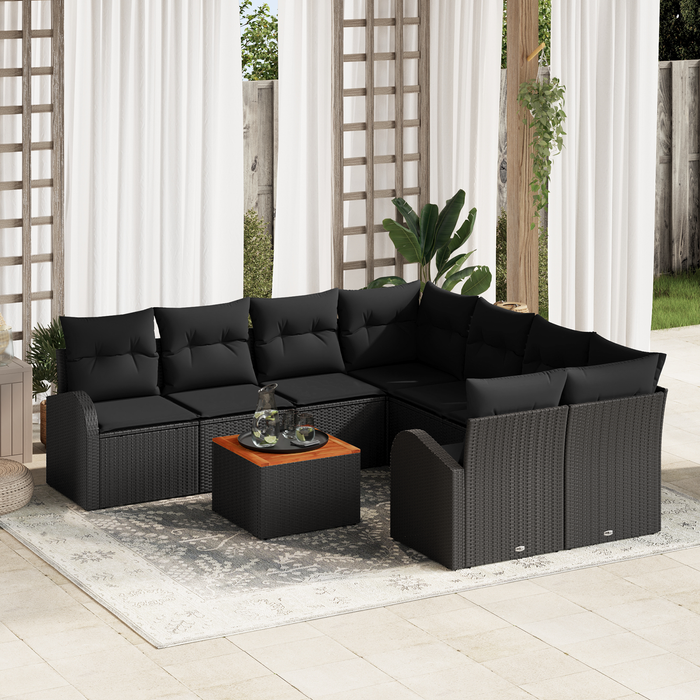 Set Divano da Giardino 9 pezzi con cuscini Nero Polyrattan Acacia