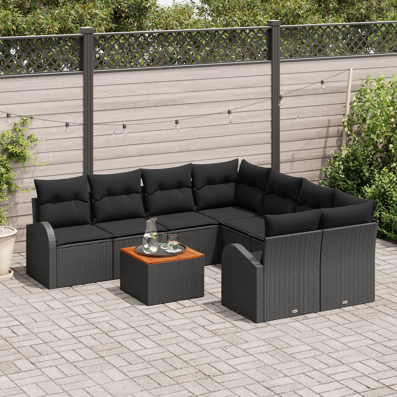 Set Divano da Giardino 9 pezzi con cuscini Nero Polyrattan Acacia