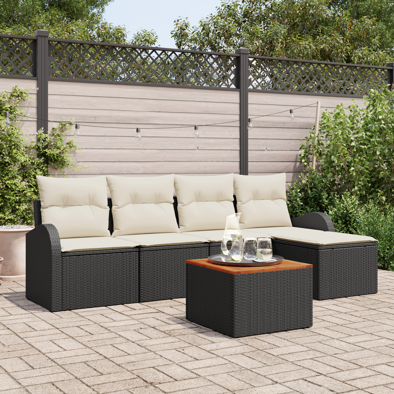 Set di 6 Pezzi di Divano da Giardino con Cuscini Nero Rattan Sintetico Acacia