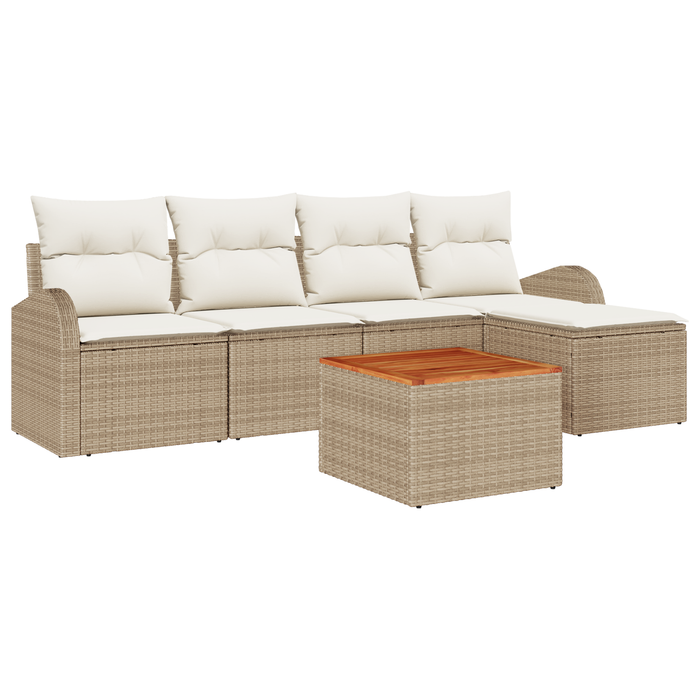 Set di Sofà da Giardino  6 Pezzi con Cuscini Beige Rattan Poliestere Acacia