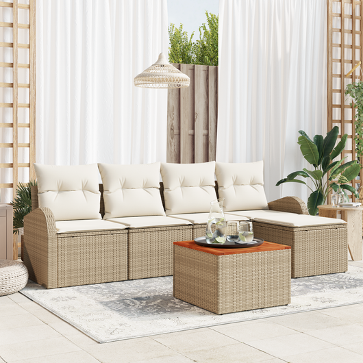 Set di Sofà da Giardino  6 Pezzi con Cuscini Beige Rattan Poliestere Acacia
