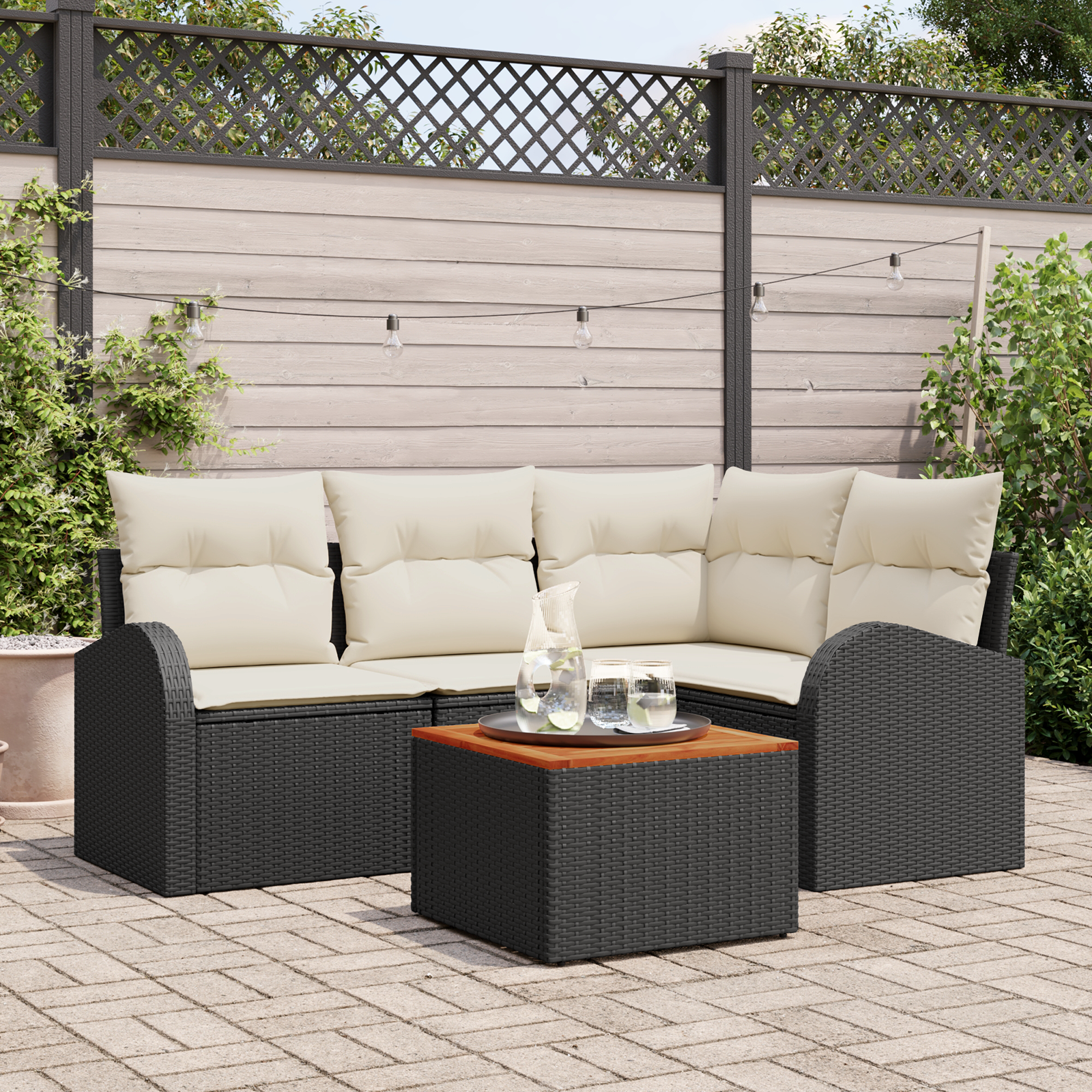 Set di Divani da Giardino  5 Pezzi con Cuscini Rattan Polipropilene Nero e Acacia