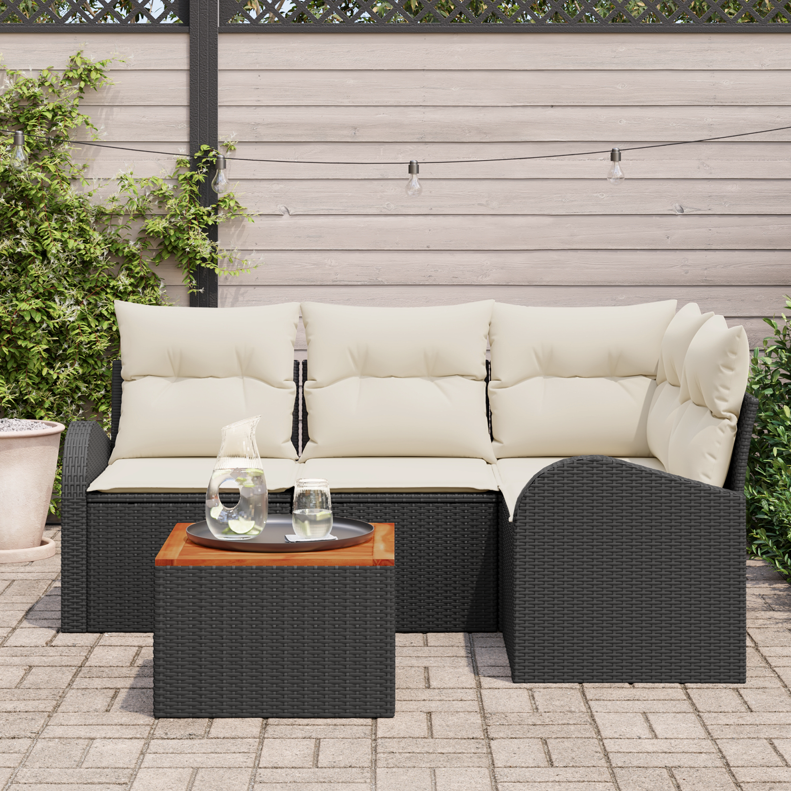 Set di Divani da Giardino  5 Pezzi con Cuscini Rattan Polipropilene Nero e Acacia