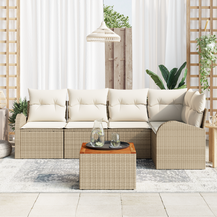 Set Divano Giardino 6 Pezzi con Cuscini Beige Polyrattan Acacia