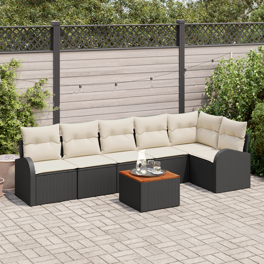 Set Divani Giardino  7 Pezzi con Cuscini Nero Rattan Acacia