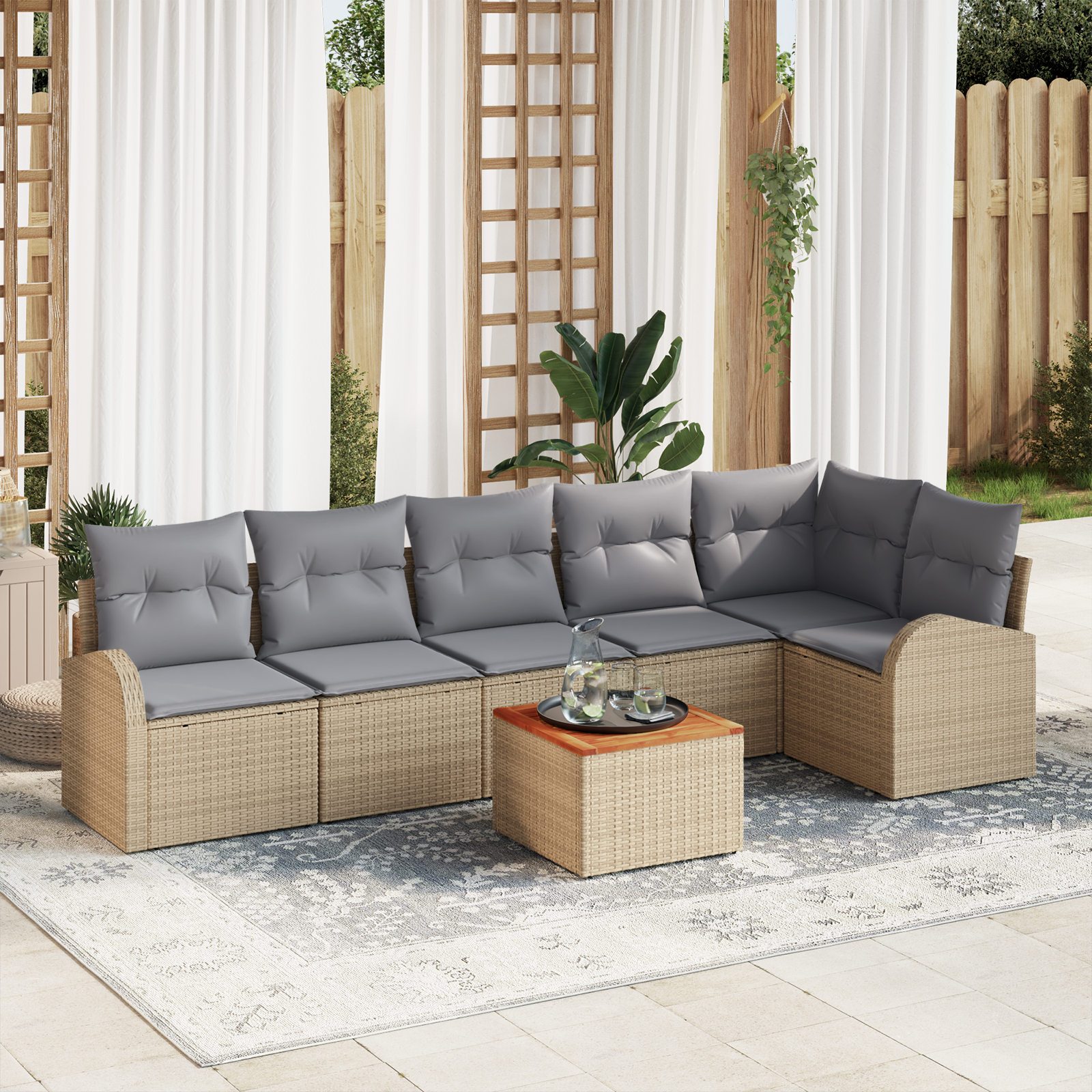 Set di Divani da Giardino  7 Pezzi con Cuscini Beige in Rattan