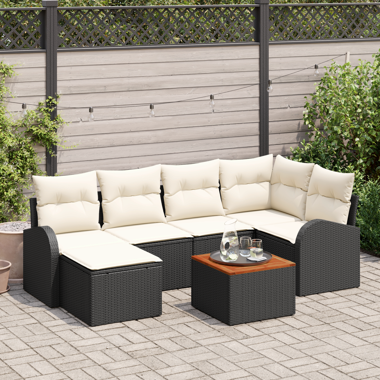 Set giardino 7 pezzi con cuscini  Nero Polyrattan Acacia