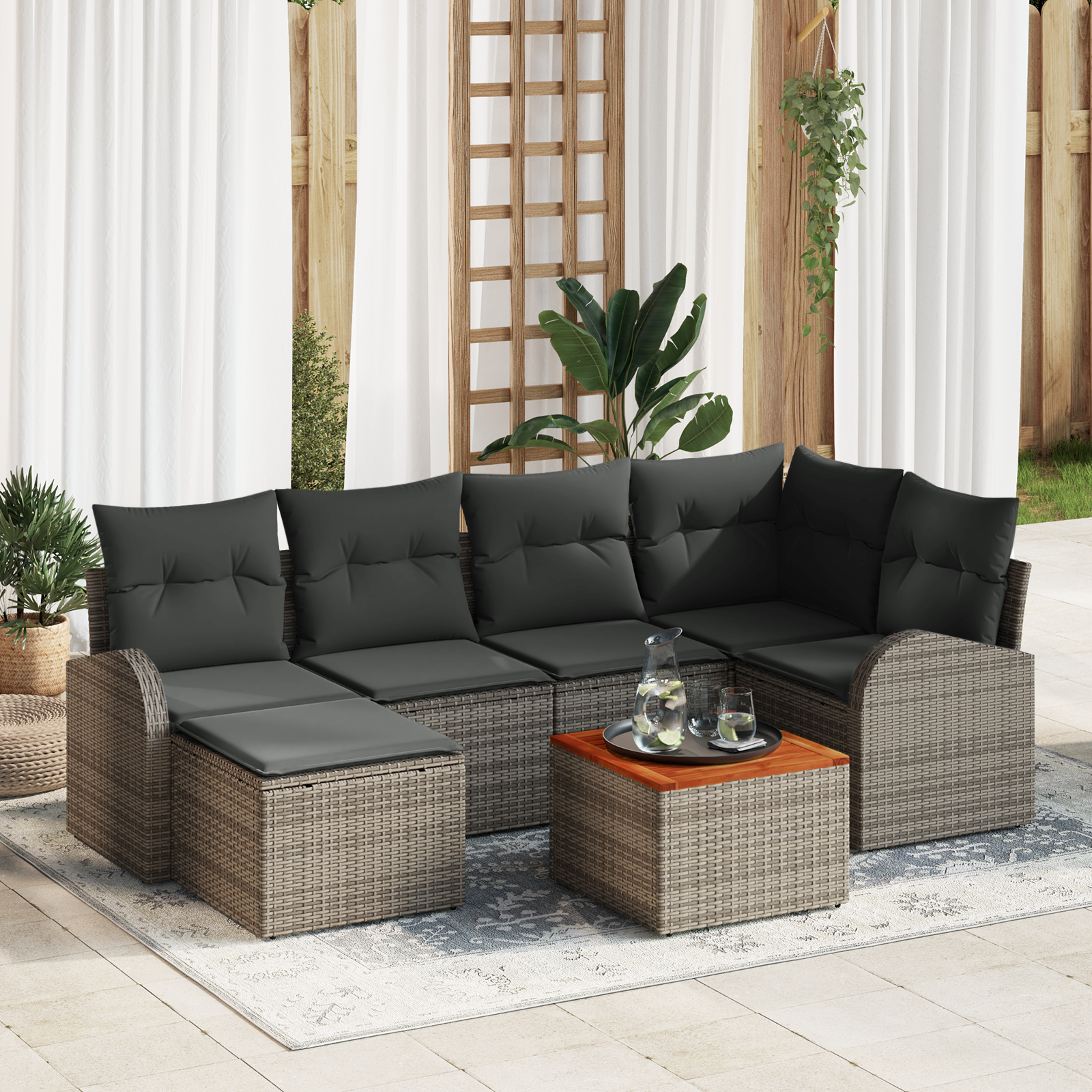 Set di divani da giardino a 7 pezzi con cuscini in rattan poliestere grigio e acacia