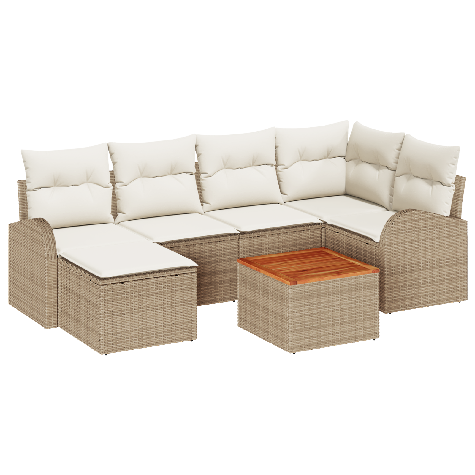 Set di Divano da Giardino 7 Pezzi con Cuscini Beige Rattan Poliestere Acacia