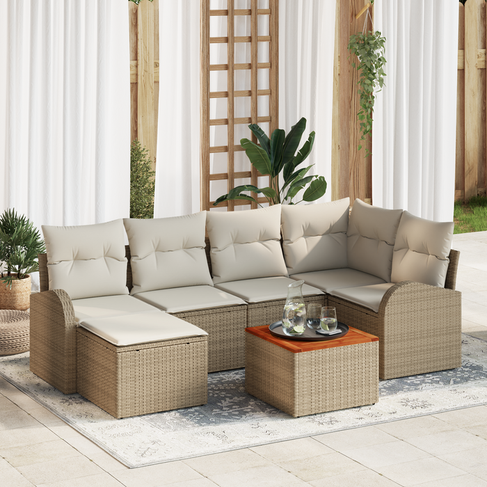 Set di Divano da Giardino 7 Pezzi con Cuscini Beige Rattan Poliestere Acacia
