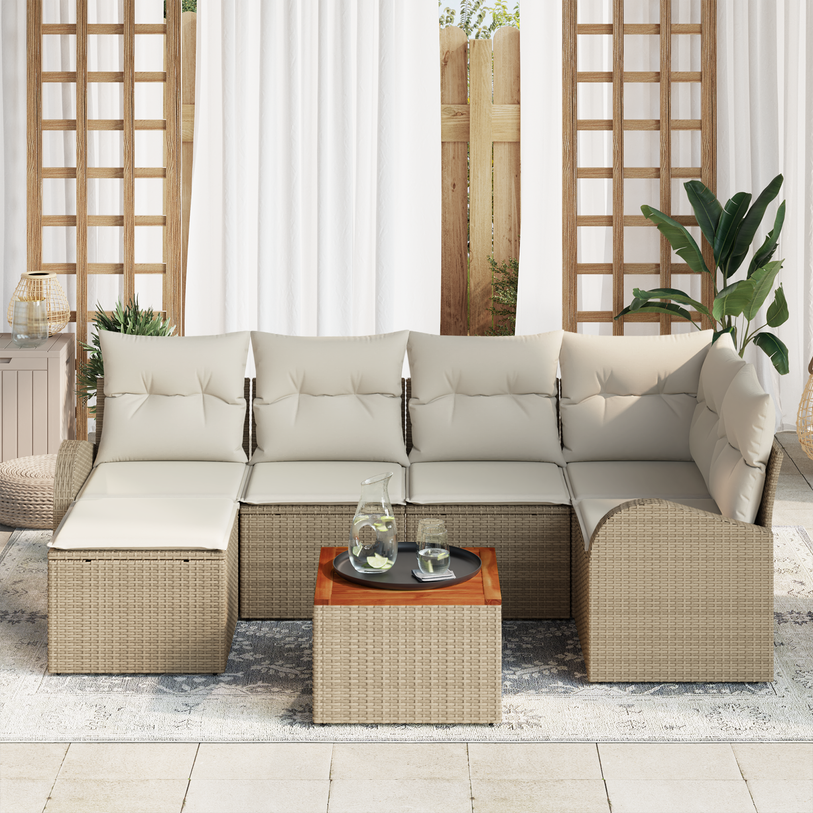 Set di Divano da Giardino 7 Pezzi con Cuscini Beige Rattan Poliestere Acacia