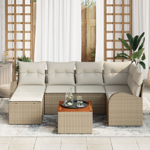 Set di Divano da Giardino 7 Pezzi con Cuscini Beige Rattan Poliestere Acacia