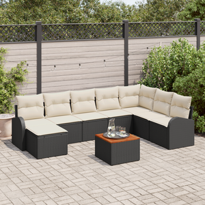 Set di Divani da Giardino  9 Pezzi con Cuscini in Rattan Polietilene Nero Acacia