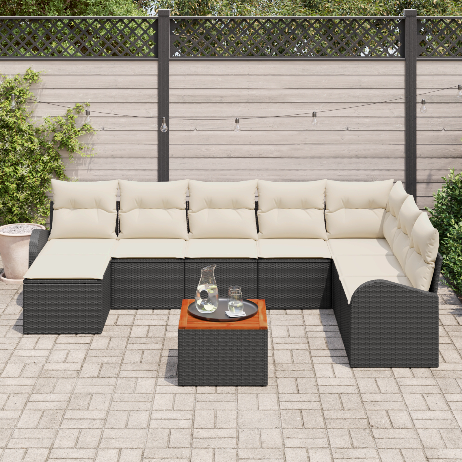 Set di Divani da Giardino  9 Pezzi con Cuscini in Rattan Polietilene Nero Acacia