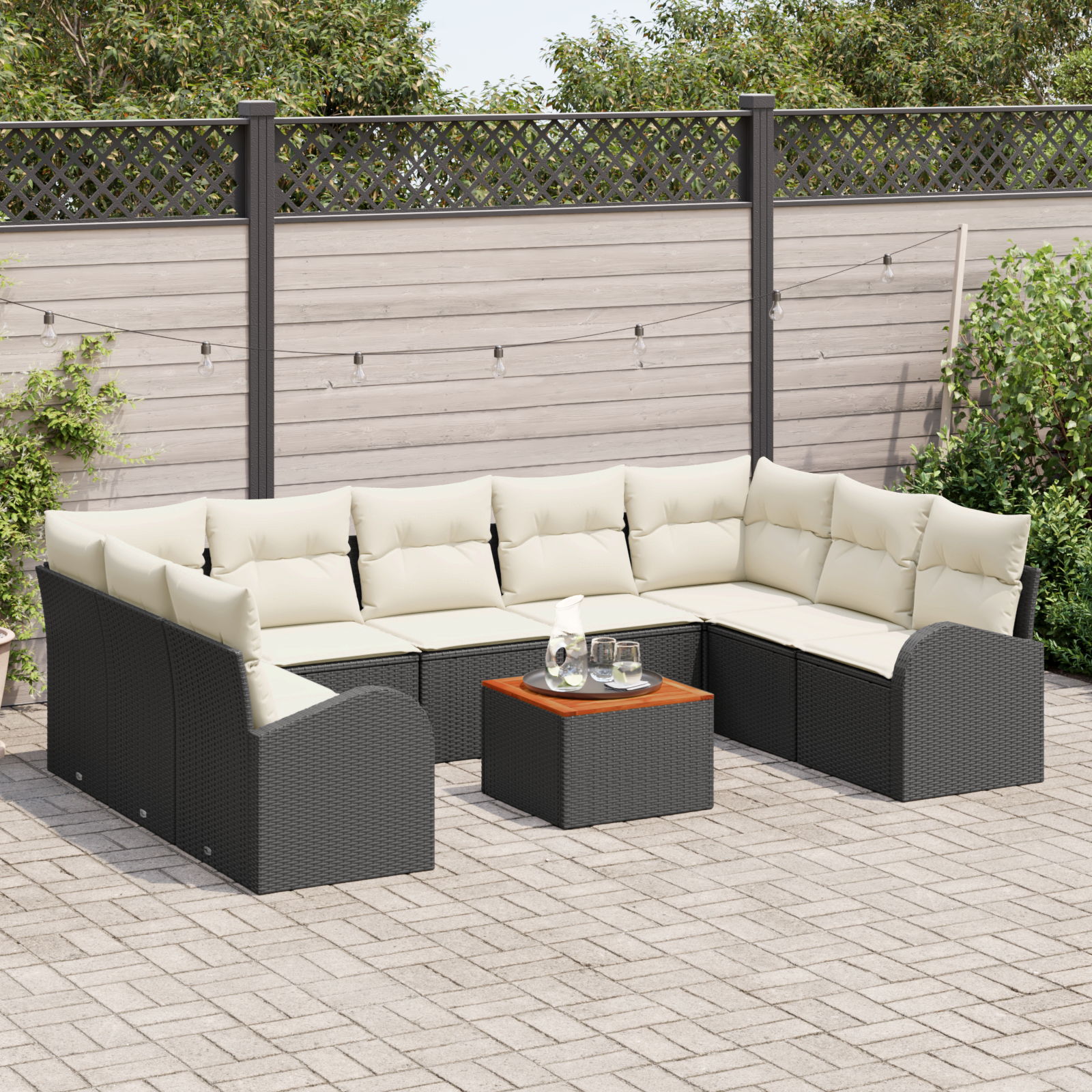 Set Divano da Giardino  da 10 Pezzi con Cuscini Nero Polirattan Acacia