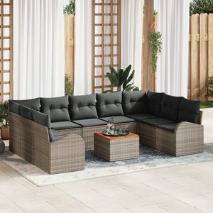 Set di Divani da Giardino da 10 Pezzi con Cuscini Grigio Rattan Polietilene Acacia