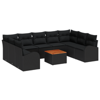 Set divano da giardino di 10 pezzi con cuscini in polyrattan nero Acacia