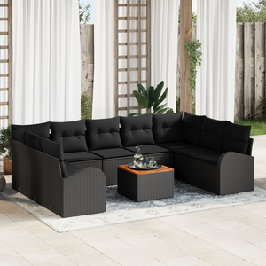 Set divano da giardino di 10 pezzi con cuscini in polyrattan nero Acacia
