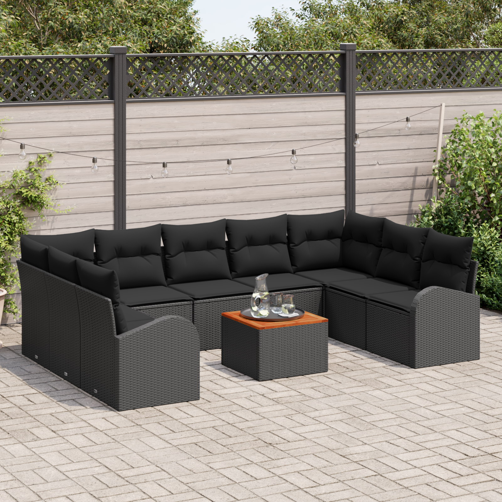 Set divano da giardino di 10 pezzi con cuscini in polyrattan nero Acacia