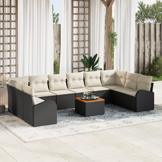 Set Divano Giardino 11 Pezzi con Cuscini Rattan Polietilenico Nero Acacia