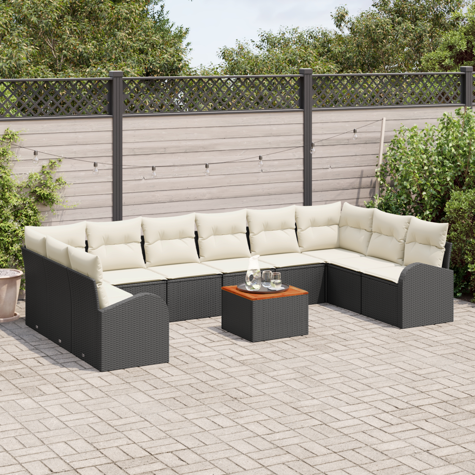Set Divano Giardino 11 Pezzi con Cuscini Rattan Polietilenico Nero Acacia