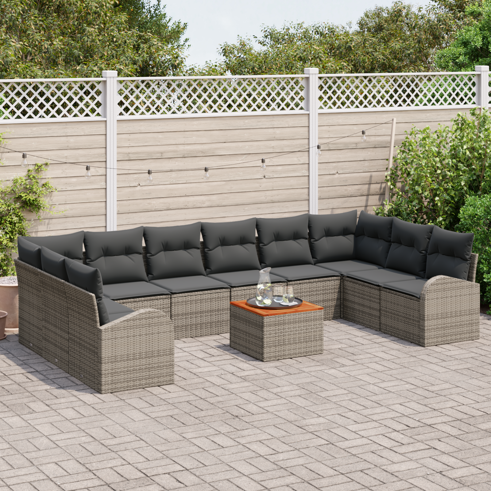 Set Divano da Giardino  11 Pezzi con Cuscini Grigio Polyrattan Acacia