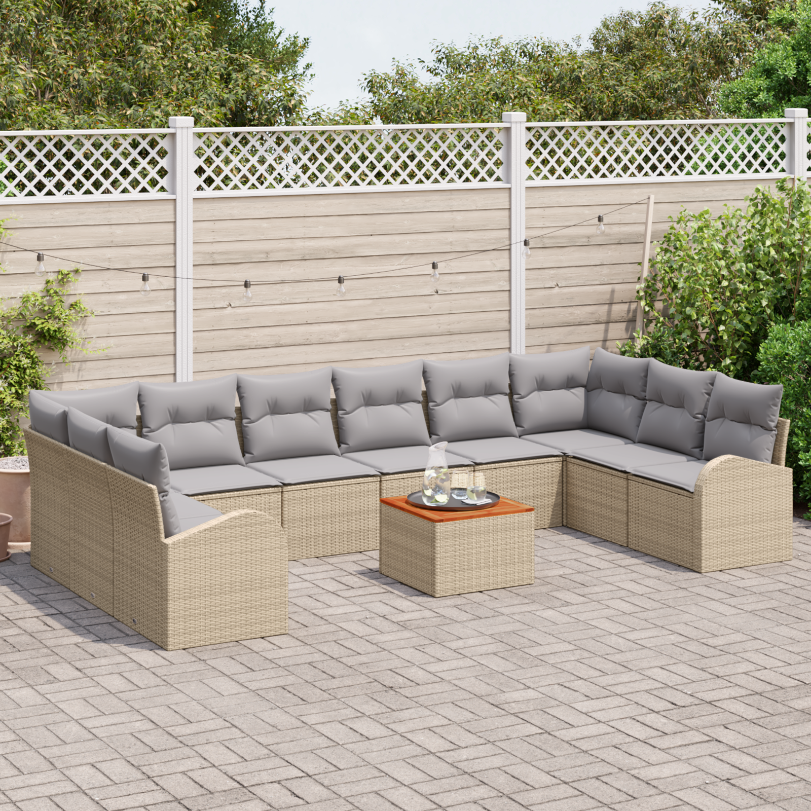 Set Divano da Giardino 11 Pezzi con Cuscini Beige Polyrattan Acacia