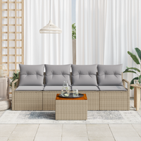 Set Divano da Giardino in 5 Pezzi con Cuscini Beige Polyrattan Acacia