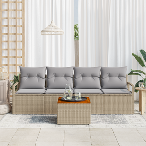 Set Divano da Giardino in 5 Pezzi con Cuscini Beige Polyrattan Acacia