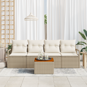 Set di Sofà da Giardino 5 Pezzi con Cuscini Beige Polyrattan Acacia