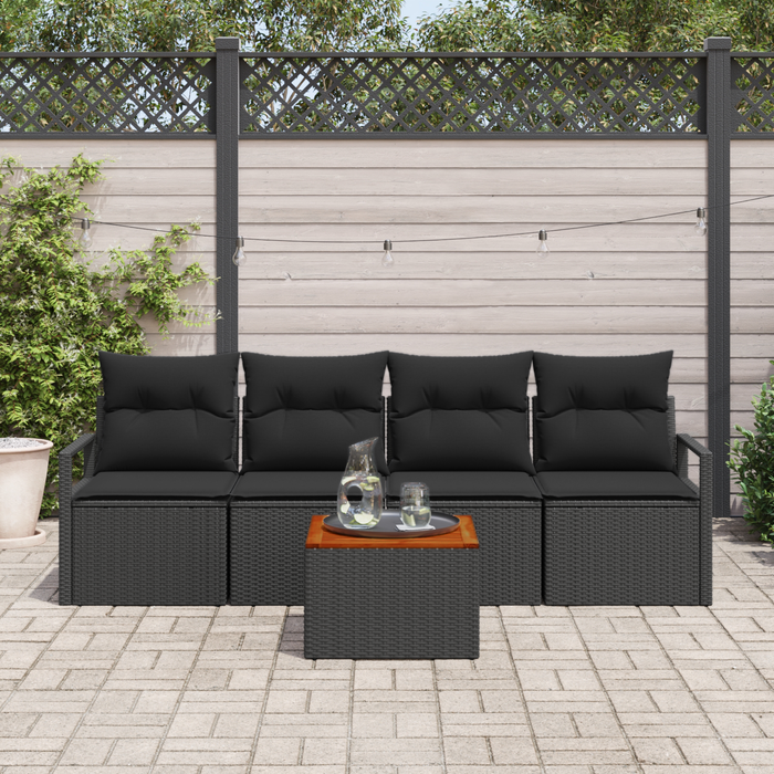 Set Divano da Giardino a 5 Pezzi con Cuscini Nero Polyrattan Acacia