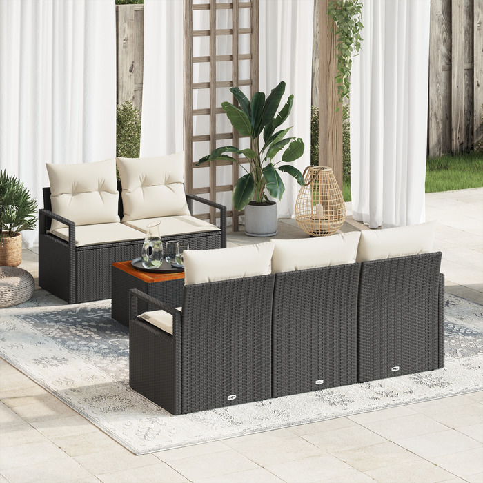 Set di divani da giardino di 6 pezzi con cuscini in polyrattan nero e acacia