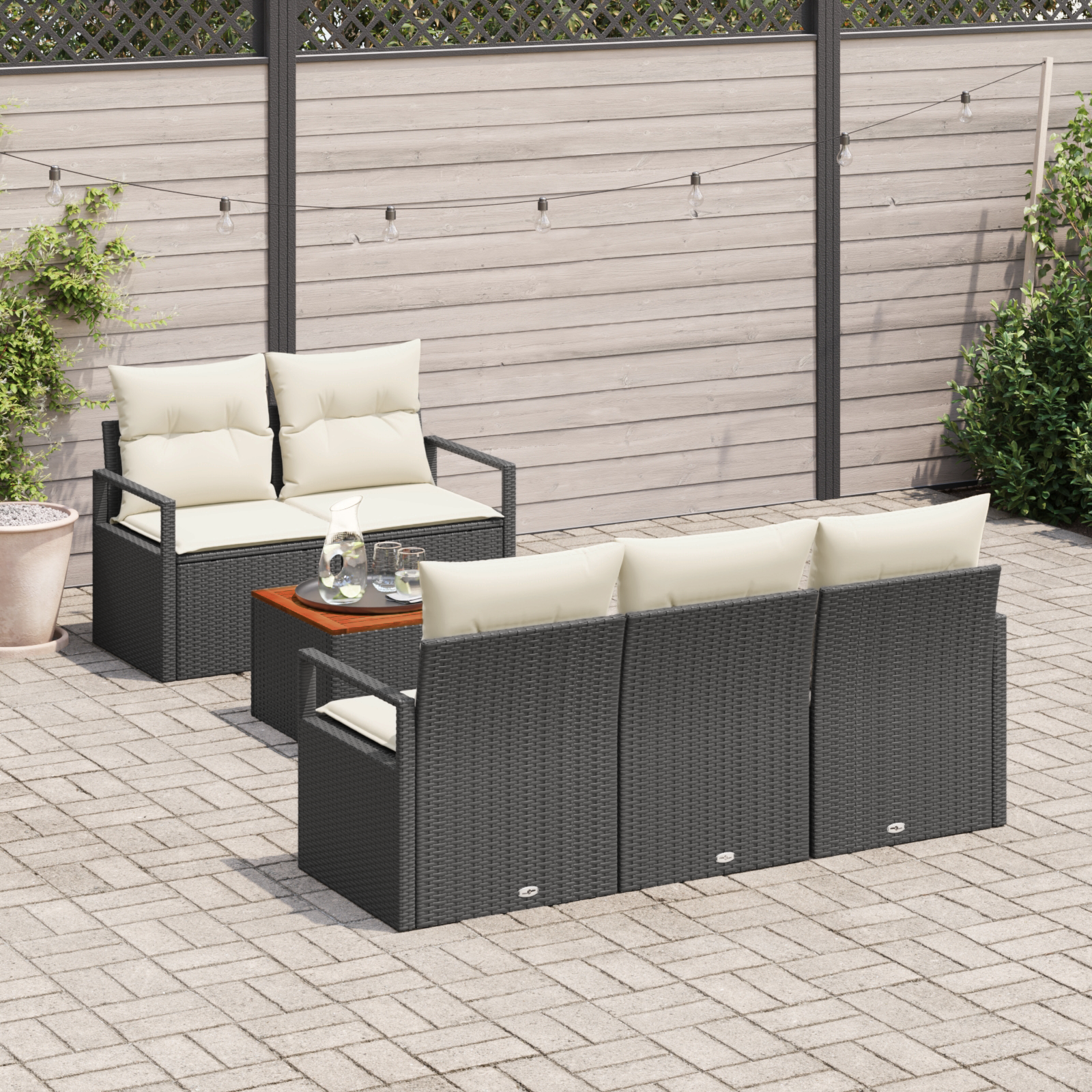 Set di divani da giardino di 6 pezzi con cuscini in polyrattan nero e acacia