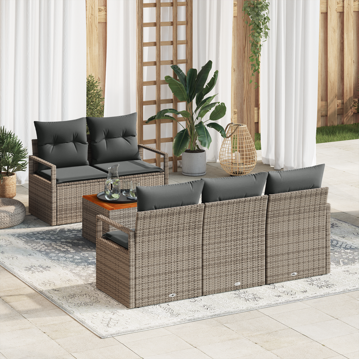 Set di divani da giardino a 6 pezzi con cuscini grigi in rattan sintetico e acacia