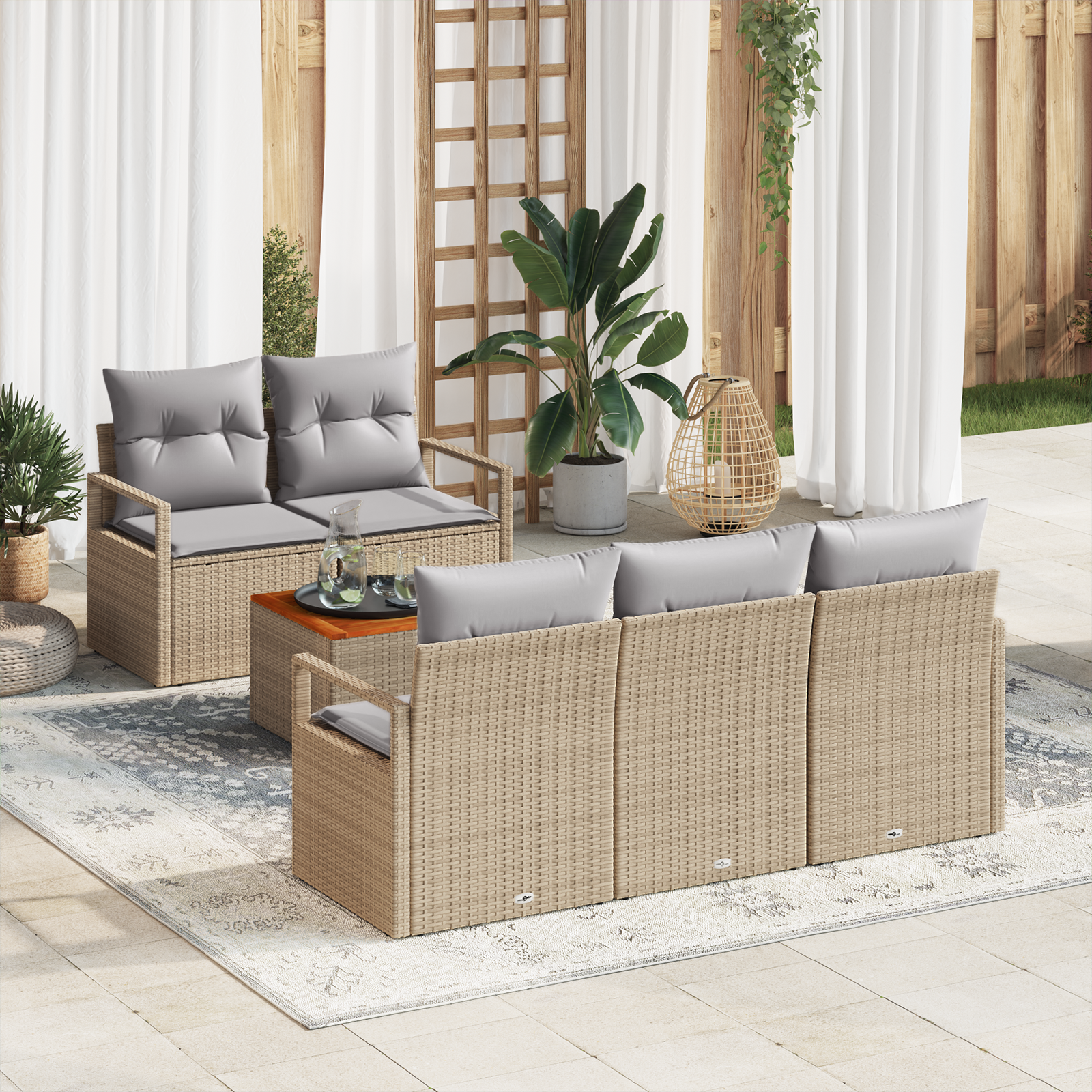 Set di Divani da Giardino a 6 Pezzi con Cuscini Beige Rattan Poliestere