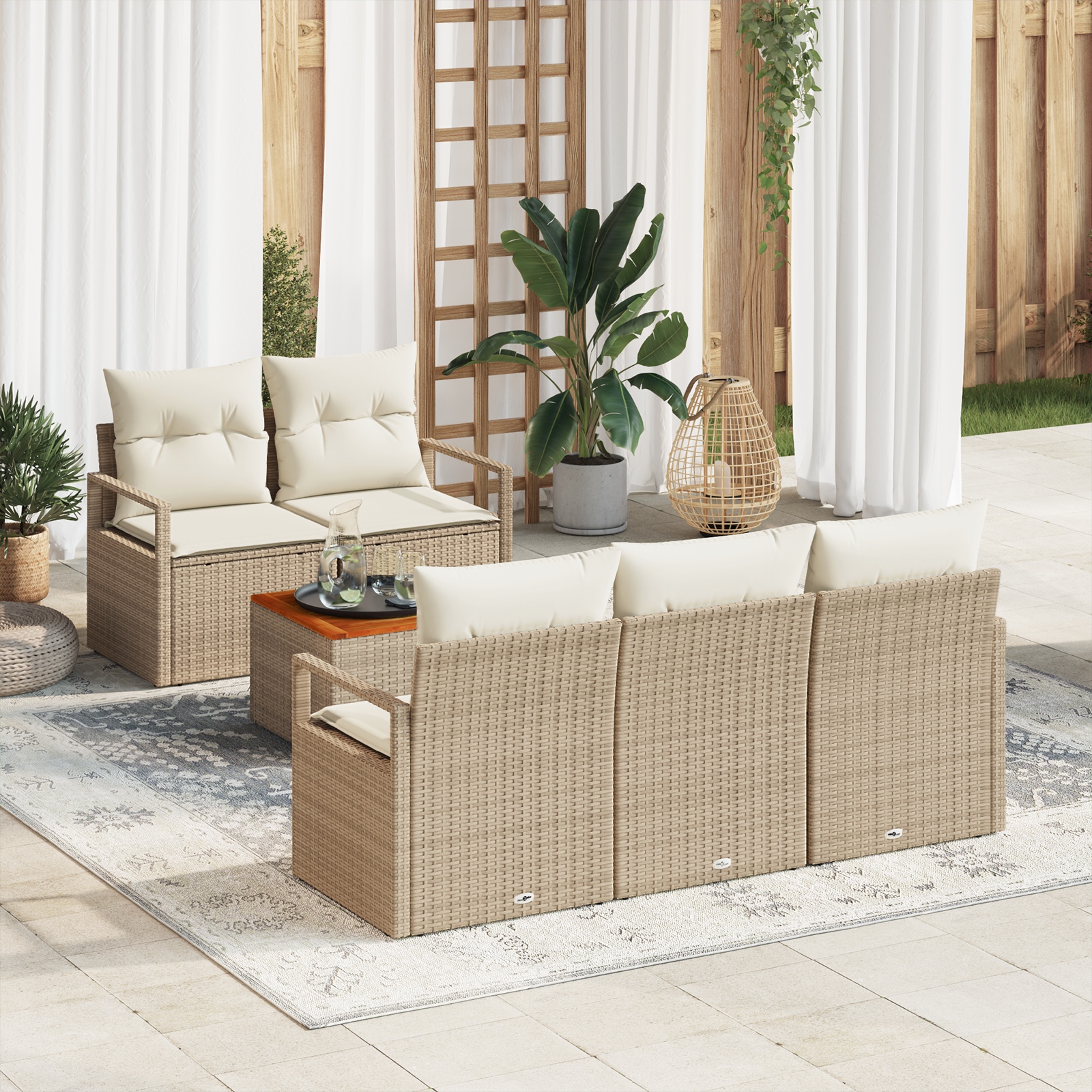 Set Divano da Giardino  6 Pezzi con Cuscini Beige Polyrattan Acacia