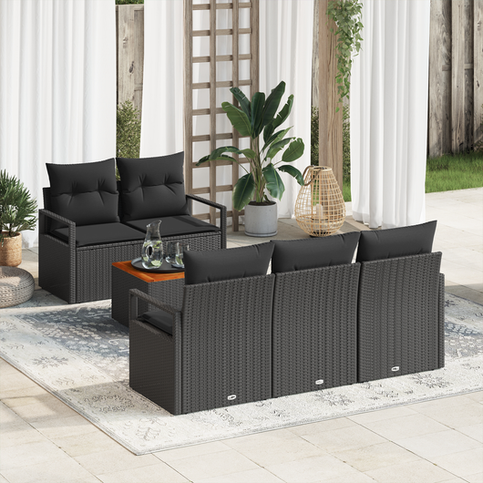 Set Divano da Giardino a 6 Pezzi con Cuscini Nero Rattan Sintetico Acacia