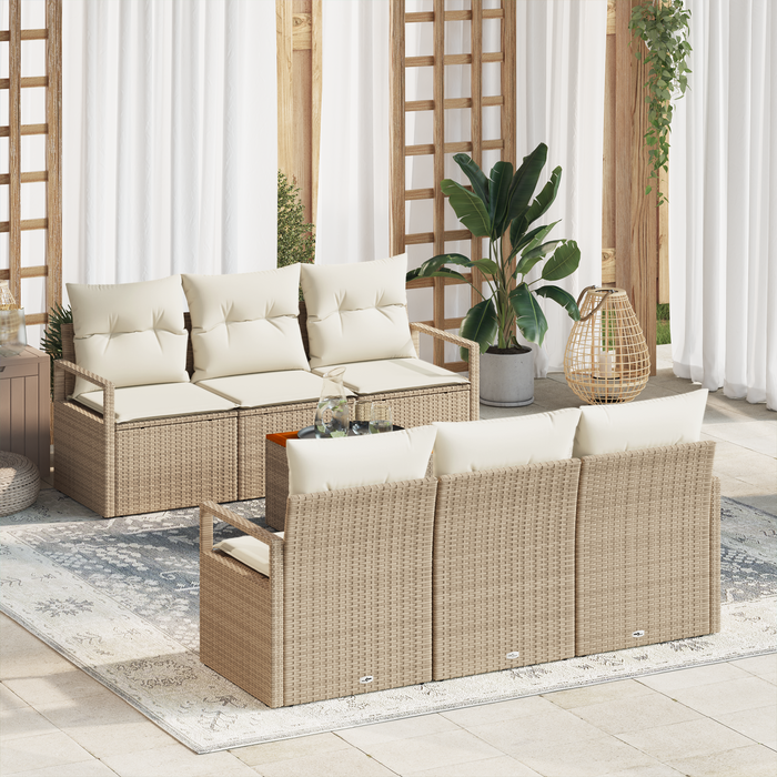 Set Divano da Giardino da 7 Pezzi con Cuscini Beige Rattan Sintetico Acacia