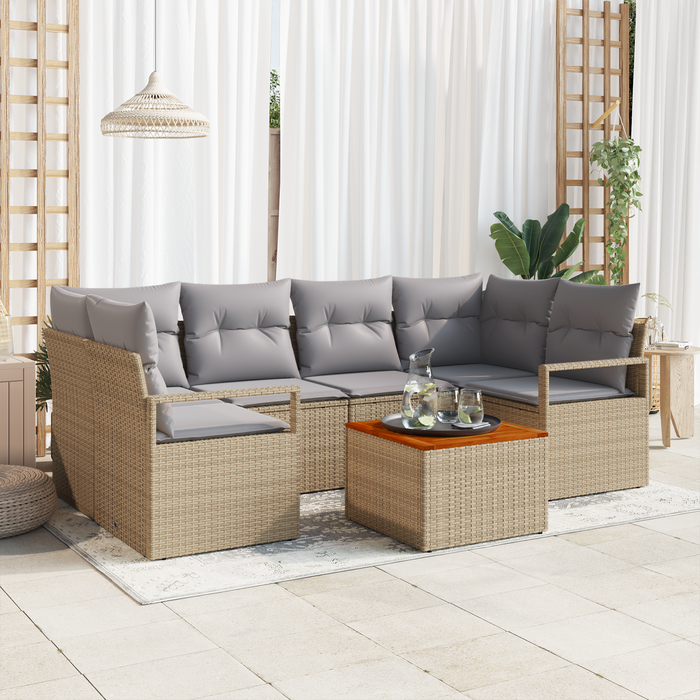Set divano giardino 7 pezzi con cuscini beige polyrattan acacia