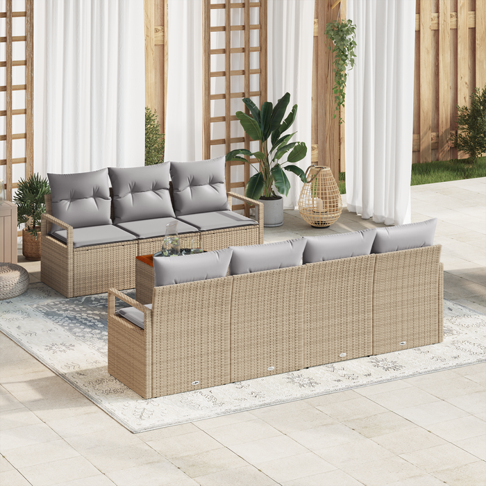 Set di Divani da Giardino  8 Pezzi con Cuscini Beige in Polyrattan e Acacia