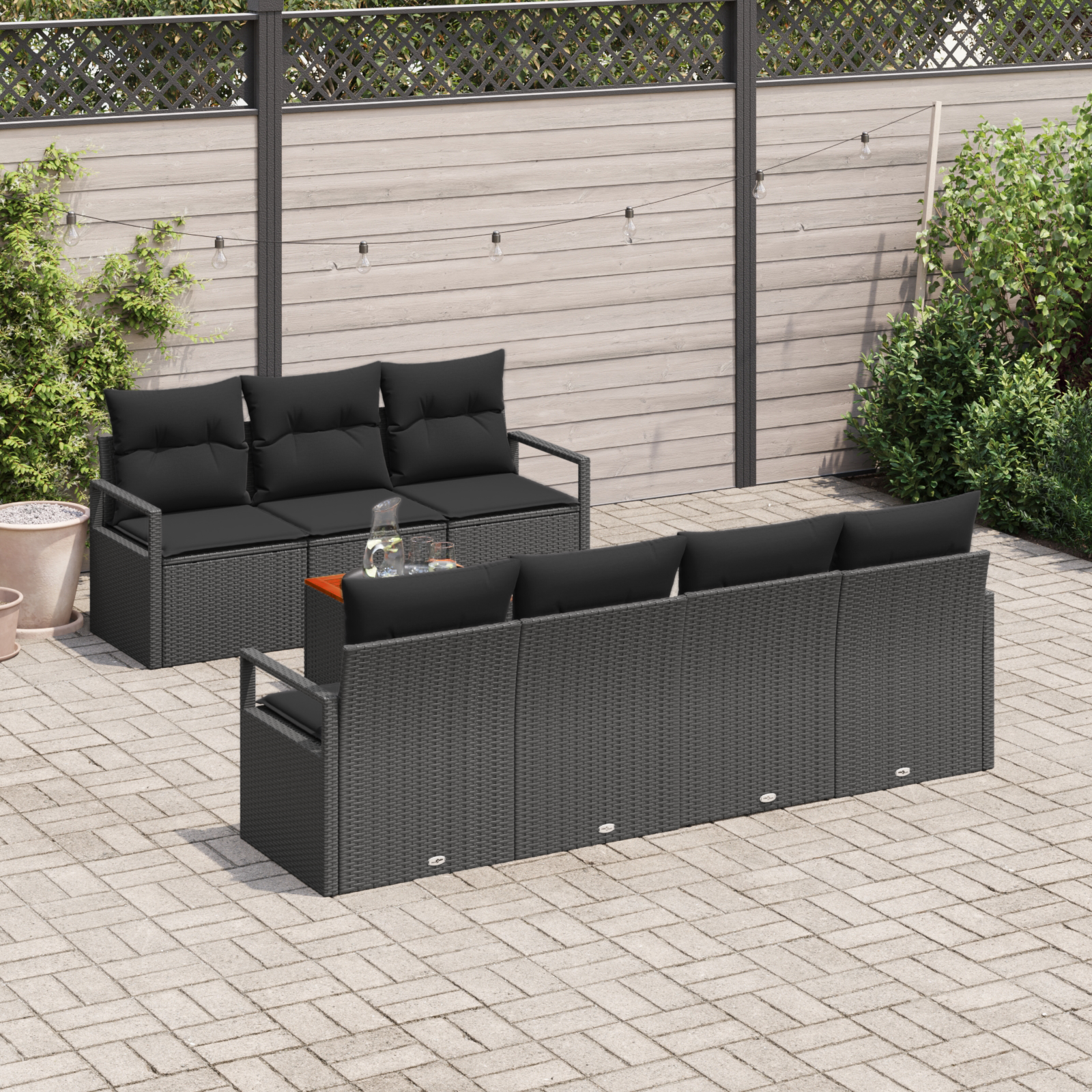 Set Divano da Giardino  8 Pezzi con Cuscini Nero Polyrattan Acacia