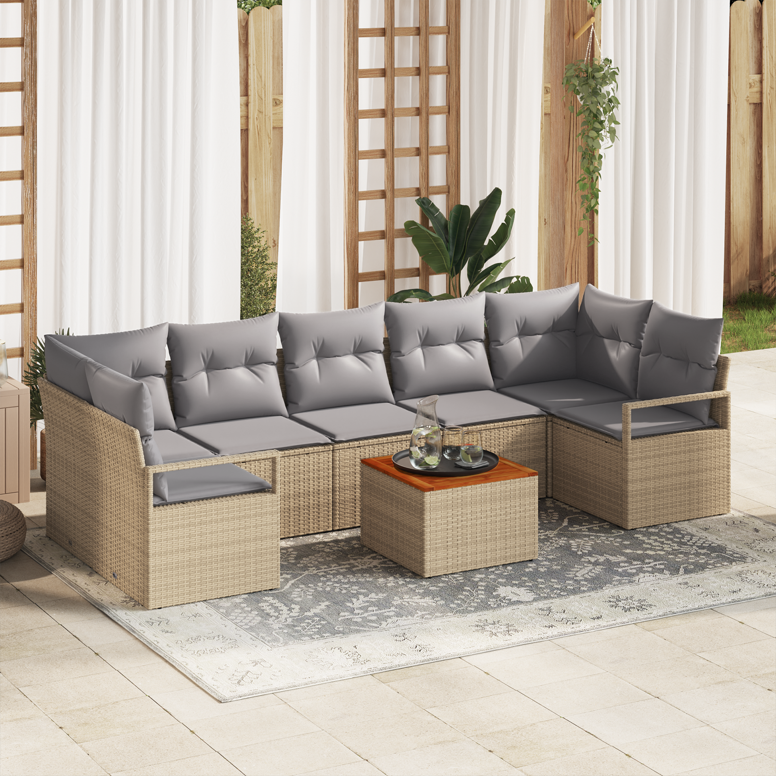 Set Divano Giardino da 8 Pezzi con Cuscini Beige Poly Rattan Acacia