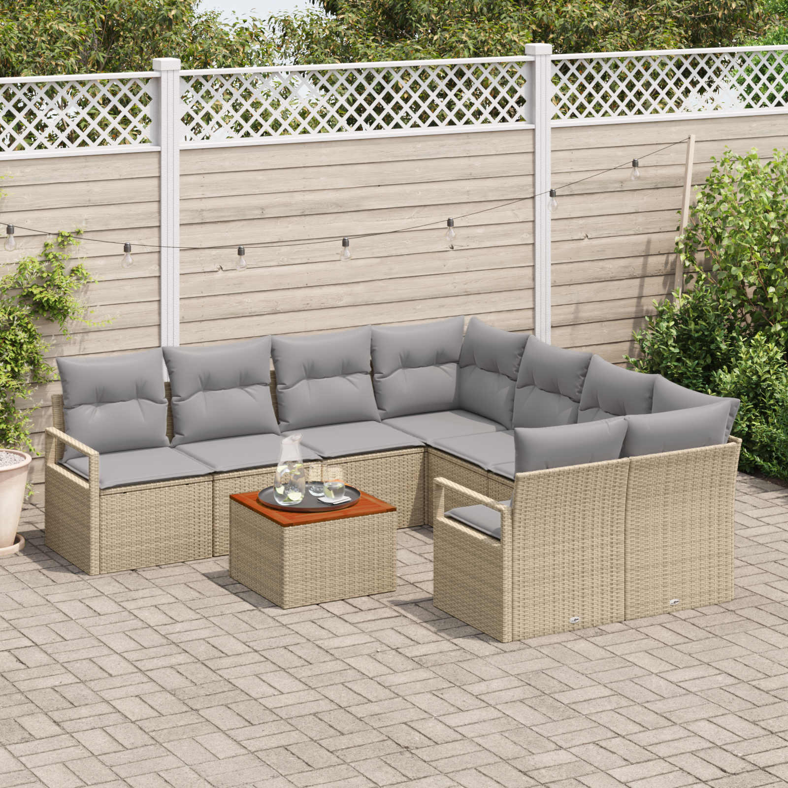 Set di Sofà da Giardino 9 Pezzi con Cuscini Beige Rattan Sintetico Acacia