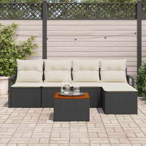 Set divano da giardino 6 pezzi con cuscini nero polyrattan acacia