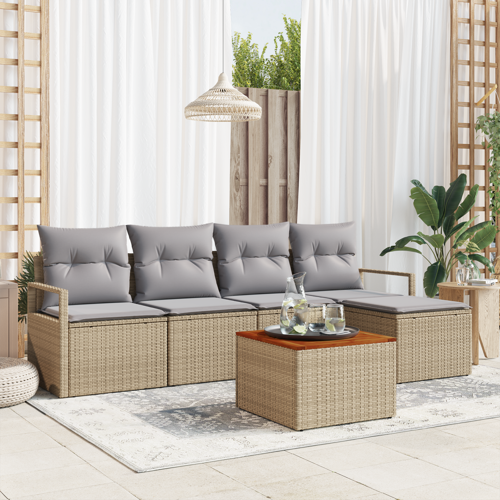 Set Divano da Giardino  6 Pezzi con Cuscini Beige Rattan Acacia