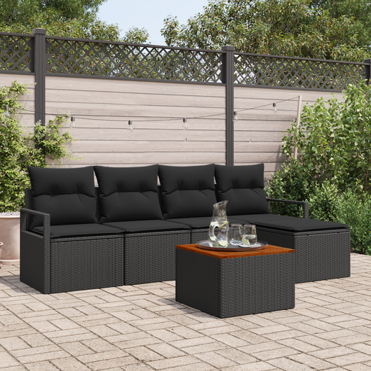 Set di divani da giardino a 6 pezzi con cuscini neri in polyrattan acacia