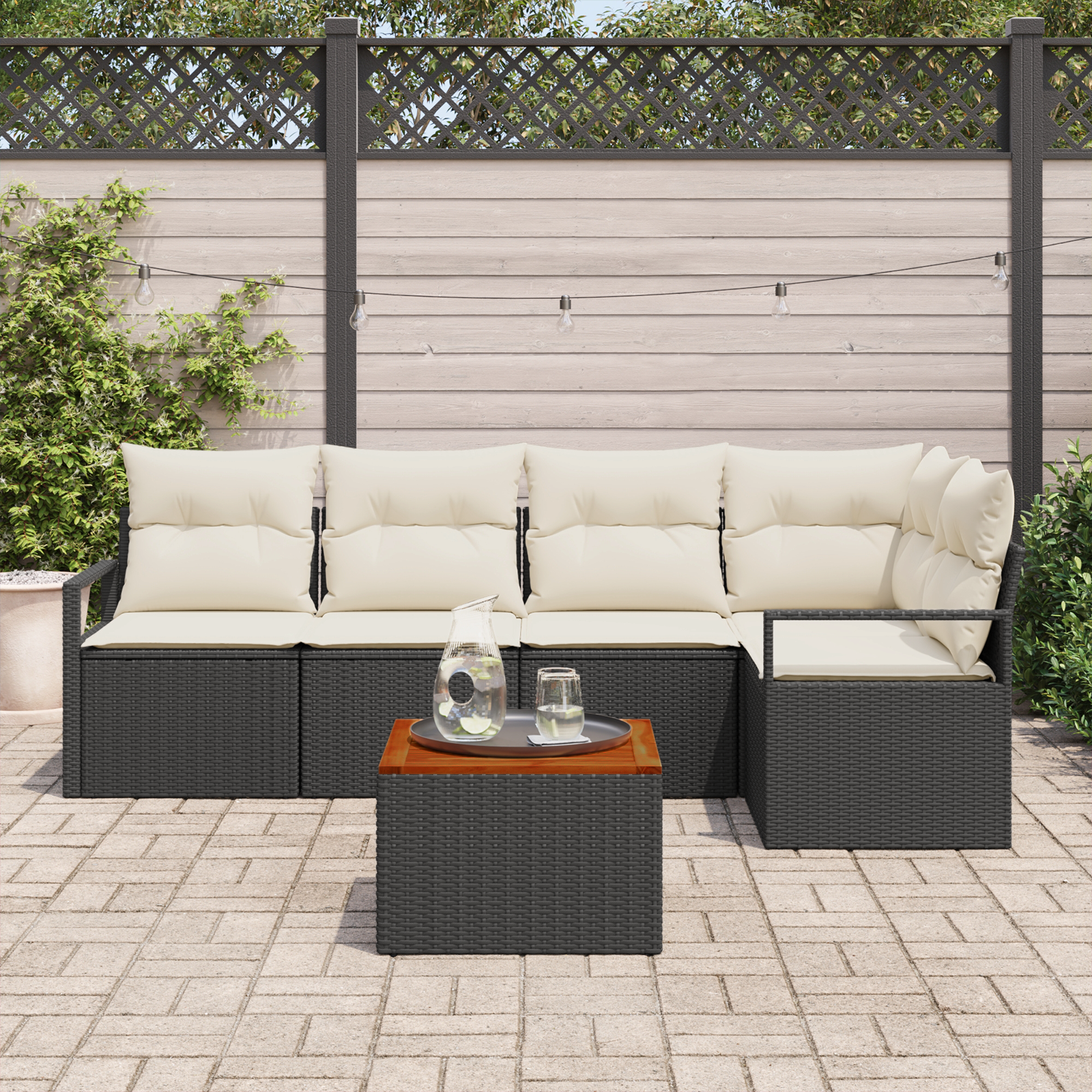 Set Divano da Giardino 6 Pezzi con Cuscini Nero Rattan Sintetico Acacia