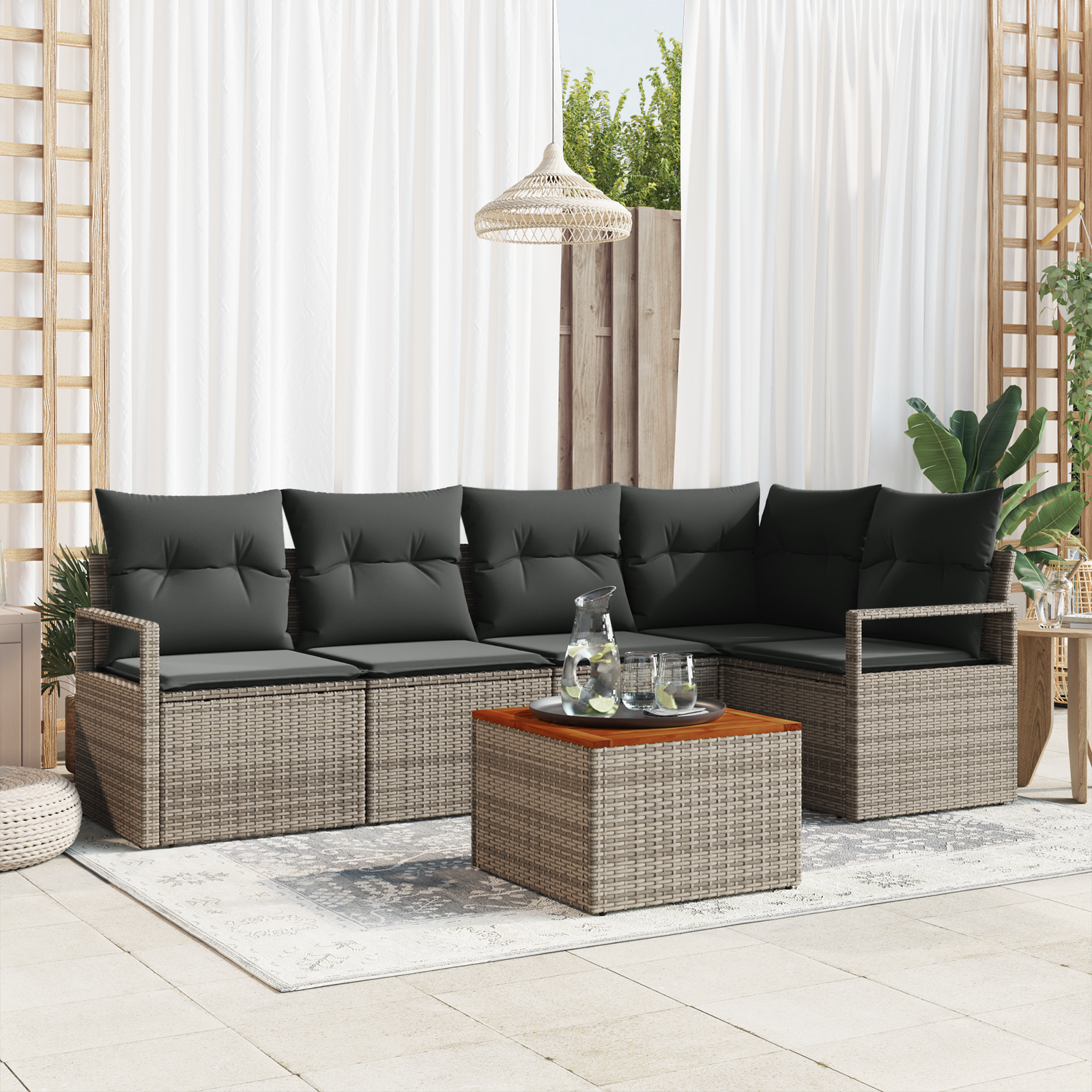 Set divani giardino  6 pezzi con cuscini grigi in polyrattan e acacia