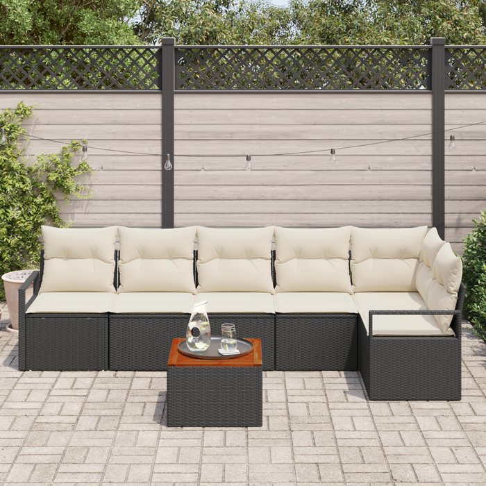 Set Divano da Giardino  7 Pezzi con Cuscini Nero Polyrattan Acacia