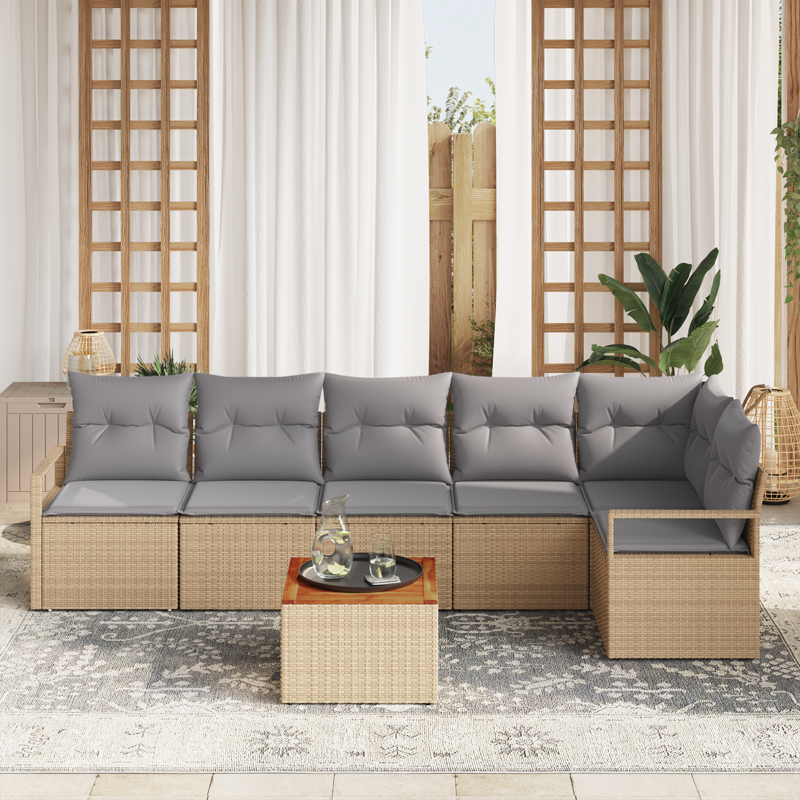 Set Divano da Giardino  7 Pezzi con Cuscini Beige Polyrattan Acacia